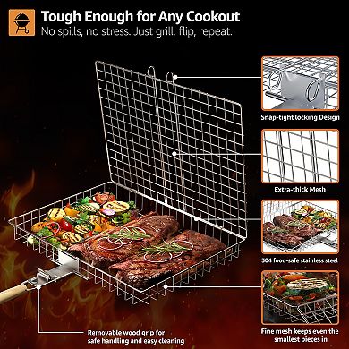 Sorbus Stainless Steel Large Folding Barbecue Grilling Basket with Handle - for Outdoor Cooking