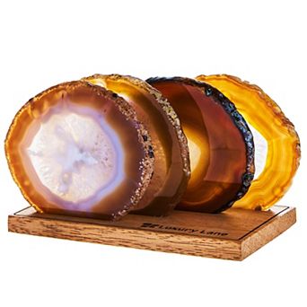 Luxury Lane Set of 4 Natural Brazilian Agate Stone Coasters with Wood Holder