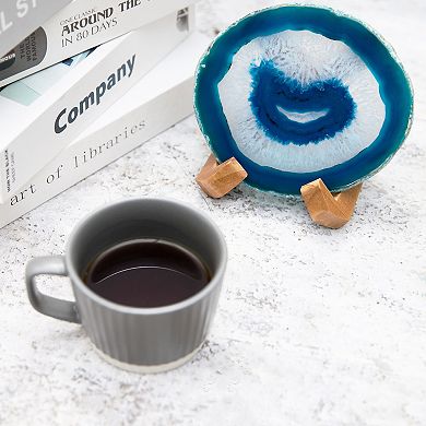 Luxury Lane Large Natural Brazilian Agate Drink Coaster with Wood Holder