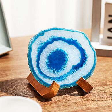 Luxury Lane Large Natural Brazilian Agate Drink Coaster with Wood Holder