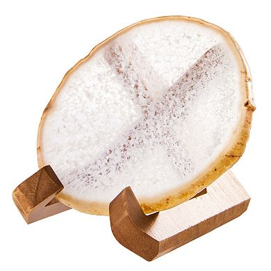Luxury Lane Large Natural Brazilian Agate Drink Coaster with Wood Holder