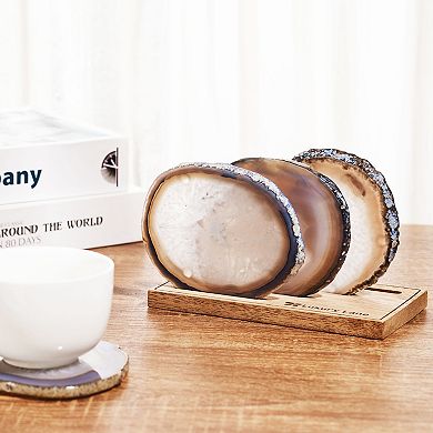 Luxury Lane Set of 4 Natural Brazilian Agate Stone Coasters with Wood Holder