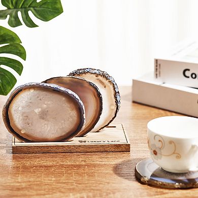 Luxury Lane Set of 4 Natural Brazilian Agate Stone Coasters with Wood Holder