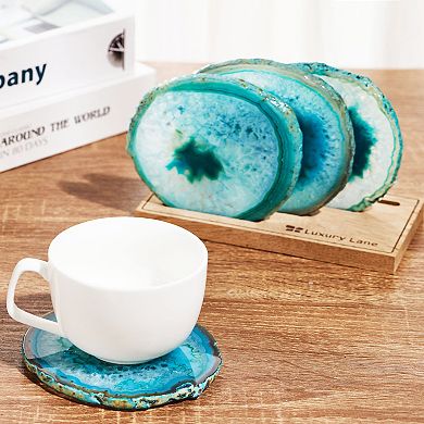 Luxury Lane Set of 4 Natural Brazilian Agate Stone Coasters with Wood Holder
