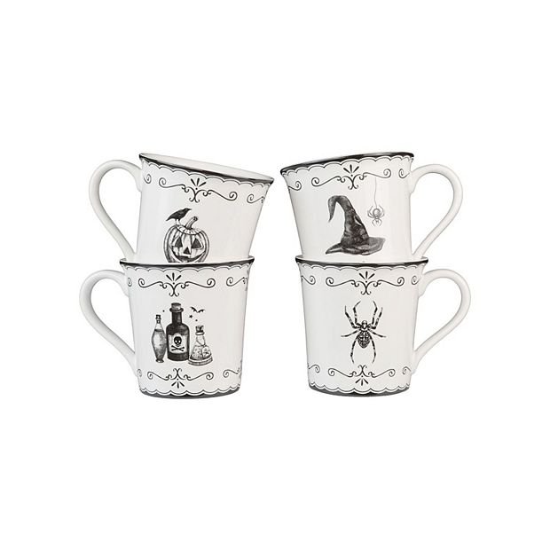 222 Fifth Elegant Haunting 4-Piece White Porcelain Halloween Mug Set - Witch Hat, Jack-o-Lantern, Potion Bottles & Spider - 20.29 oz