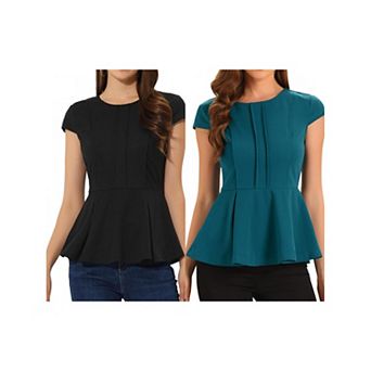 2 Packs Women's Elegant Cap Sleeve Solid Color Peplum Top