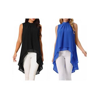2 Packs Women's Casual Tie Back Asymmetrical High Low Sleeveless Mock Neck Flowy Blouse Tops