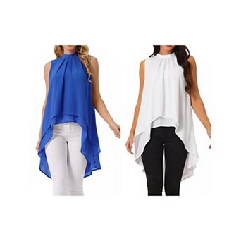 2 Packs Women's Casual Tie Back Asymmetrical High Low Sleeveless Mock Neck Flowy Blouse Tops