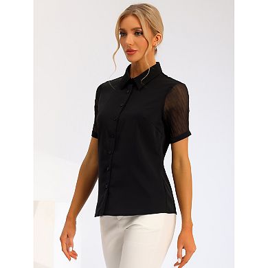 2 Packs Women's Button Down Shirt Sheer Short Sleeve Point Collar Work Tops