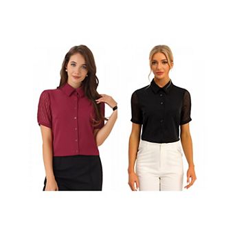 2 Packs Women's Button Down Shirt Sheer Short Sleeve Point Collar Work Tops