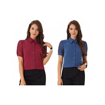 2 Packs Women's Button Down Shirt Sheer Short Sleeve Point Collar Work Tops