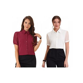 2 Packs Women's Button Down Shirt Sheer Short Sleeve Point Collar Work Tops