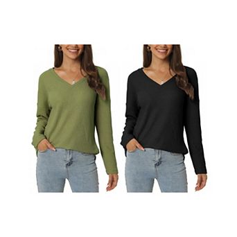 2 Packs Women's Waffle Knit Tops V Neck Long Sleeve Shirts Casual Loose Blouse Lightweight Pullover
