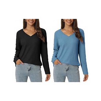 2 Packs Women's Waffle Knit Tops V Neck Long Sleeve Shirts Casual Loose Blouse Lightweight Pullover