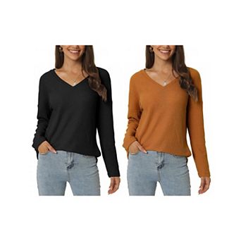 2 Packs Women's Waffle Knit Tops V Neck Long Sleeve Shirts Casual Loose Blouse Lightweight Pullover
