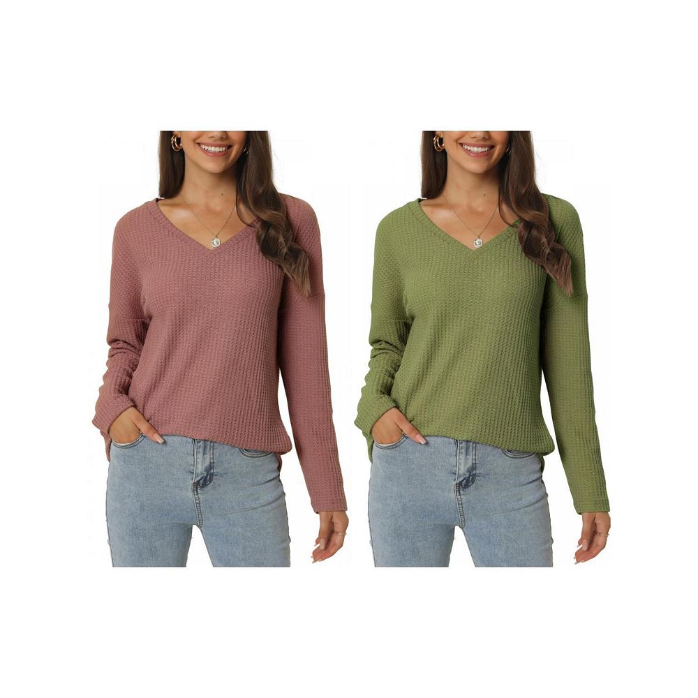 2 Packs Women's Waffle Knit Tops V Neck Long Sleeve Shirts Casual Loose ...