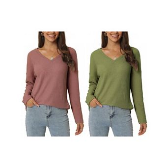 2 Packs Women's Waffle Knit Tops V Neck Long Sleeve Shirts Casual Loose Blouse Lightweight Pullover