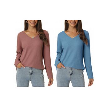 2 Packs Women's Waffle Knit Tops V Neck Long Sleeve Shirts Casual Loose Blouse Lightweight Pullover
