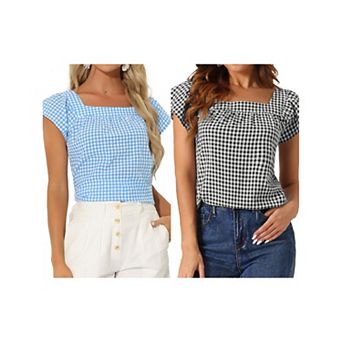 2 Packs Summer Square Neck Gingham Tops for Women Sleeveless Blouses