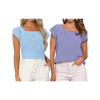 2 Packs Summer Square Neck Gingham Tops for Women Sleeveless Blouses