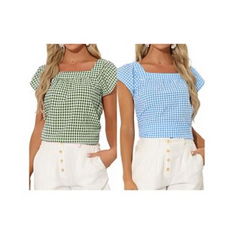 2 Packs Summer Square Neck Gingham Tops for Women Sleeveless Blouses