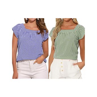 2 Packs Summer Square Neck Gingham Tops for Women Sleeveless Blouses