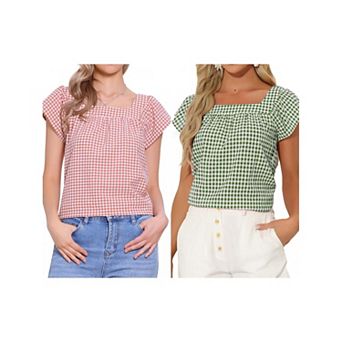 2 Packs Summer Square Neck Gingham Tops for Women Sleeveless Blouses