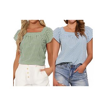 2 Packs Summer Square Neck Gingham Tops for Women Sleeveless Blouses