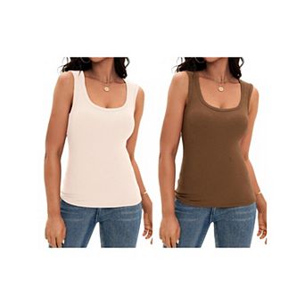 2 Packs Women's Scoop Neck Basic Tank Tops Ribbed Wide Strap Sleeveless Shirts Workout Cami Tops