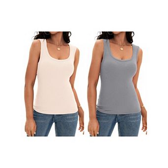 2 Packs Women's Scoop Neck Basic Tank Tops Ribbed Wide Strap Sleeveless Shirts Workout Cami Tops