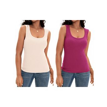 2 Packs Women's Scoop Neck Basic Tank Tops Ribbed Wide Strap Sleeveless Shirts Workout Cami Tops