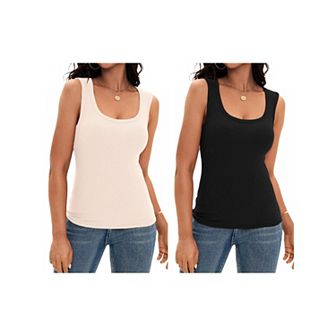 2 Packs Women's Scoop Neck Basic Tank Tops Ribbed Wide Strap Sleeveless Shirts Workout Cami Tops