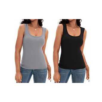 2 Packs Women's Scoop Neck Basic Tank Tops Ribbed Wide Strap Sleeveless Shirts Workout Cami Tops