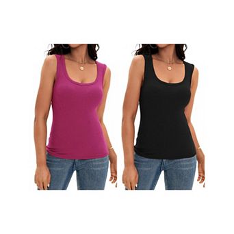 2 Packs Women's Scoop Neck Basic Tank Tops Ribbed Wide Strap Sleeveless Shirts Workout Cami Tops