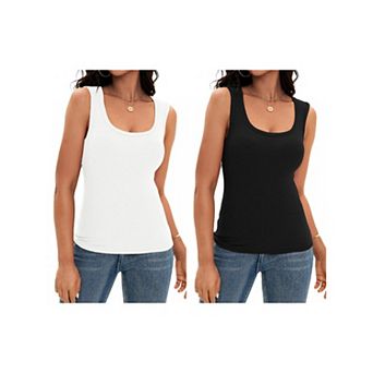 2 Packs Women's Scoop Neck Basic Tank Tops Ribbed Wide Strap Sleeveless Shirts Workout Cami Tops