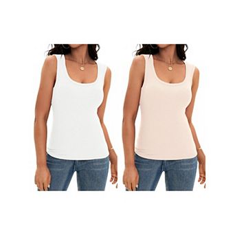 2 Packs Women's Scoop Neck Basic Tank Tops Ribbed Wide Strap Sleeveless Shirts Workout Cami Tops