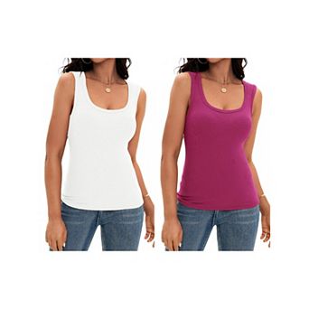 2 Packs Women's Scoop Neck Basic Tank Tops Ribbed Wide Strap Sleeveless Shirts Workout Cami Tops