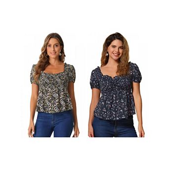 2 Packs Puffy Short Sleeve Floral Blouse for Women's Sweetheart Neck Shirred Ruffle Peplum Top