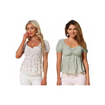 2 Packs Puffy Short Sleeve Floral Blouse for Women's Sweetheart Neck Shirred Ruffle Peplum Top