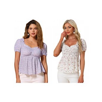 2 Packs Puffy Short Sleeve Floral Blouse for Women's Sweetheart Neck Shirred Ruffle Peplum Top