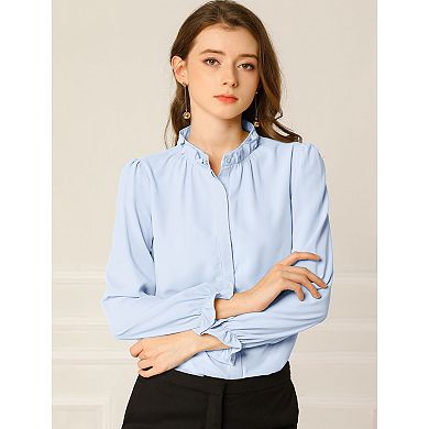 2 Packs Women's Ruffled Trim Button Down Stand Collar Long Sleeve Blouse Top
