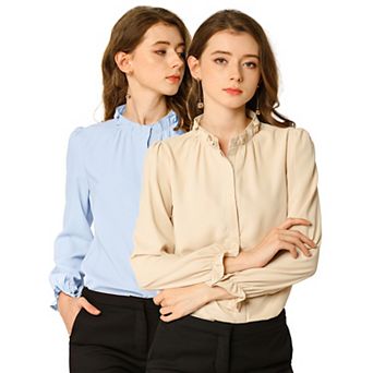 2 Packs Women's Ruffled Trim Button Down Stand Collar Long Sleeve Blouse Top