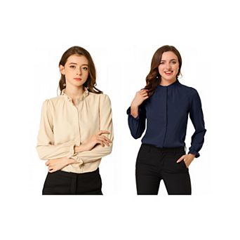 2 Packs Women's Ruffled Trim Button Down Stand Collar Long Sleeve Blouse Top