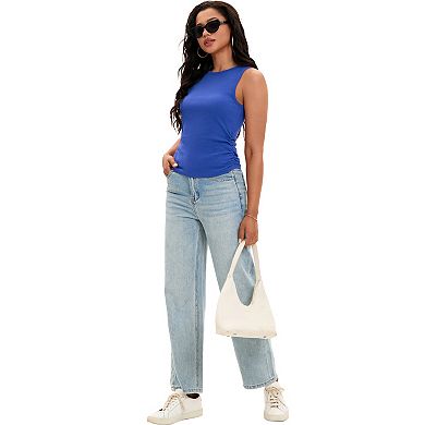 2 Packs Women's Ruched Tank Tops Summer Ribbed Crew Neck Sleeveless Tops Fitted Basic Tees Shirts