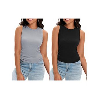 2 Packs Women's Ruched Tank Tops Summer Ribbed Crew Neck Sleeveless Tops Fitted Basic Tees Shirts