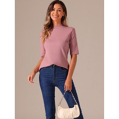 2 Packs Elbow Length Tops for Women Casual Blouses Turtleneck Top Solid Elastic Half Sleeve T Shirts