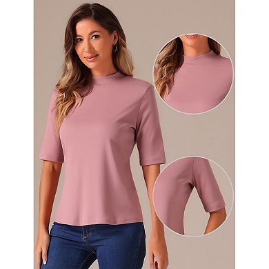 2 Packs Elbow Length Tops for Women Casual Blouses Turtleneck Top Solid Elastic Half Sleeve T Shirts