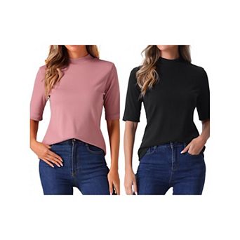 2 Packs Elbow Length Tops for Women Casual Blouses Turtleneck Top Solid Elastic Half Sleeve T Shirts