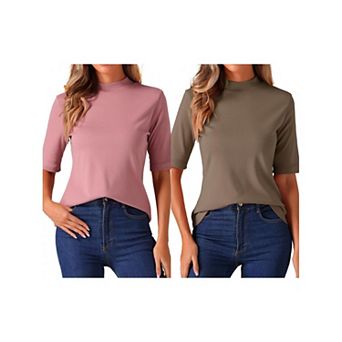 2 Packs Elbow Length Tops for Women Casual Blouses Turtleneck Top Solid Elastic Half Sleeve T Shirts