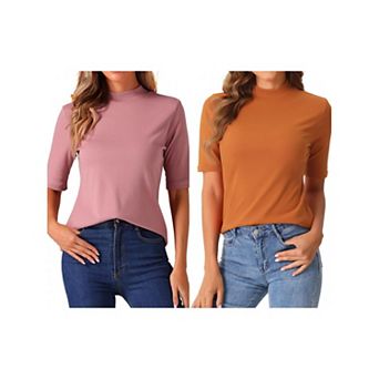 2 Packs Elbow Length Tops for Women Casual Blouses Turtleneck Top Solid Elastic Half Sleeve T Shirts